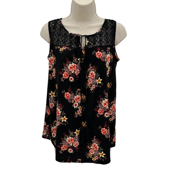 Tutta Bella Maternity Floral Sleeveless Blouse Lace Detail Black Multi S - Picture 1 of 7